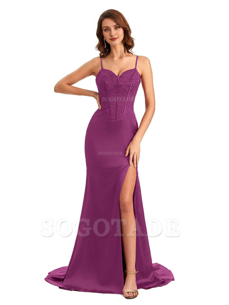 Sexy Side Slit Mermaid Silky Satin V-Neck Lace Unique Long Bridesmaid Dresses