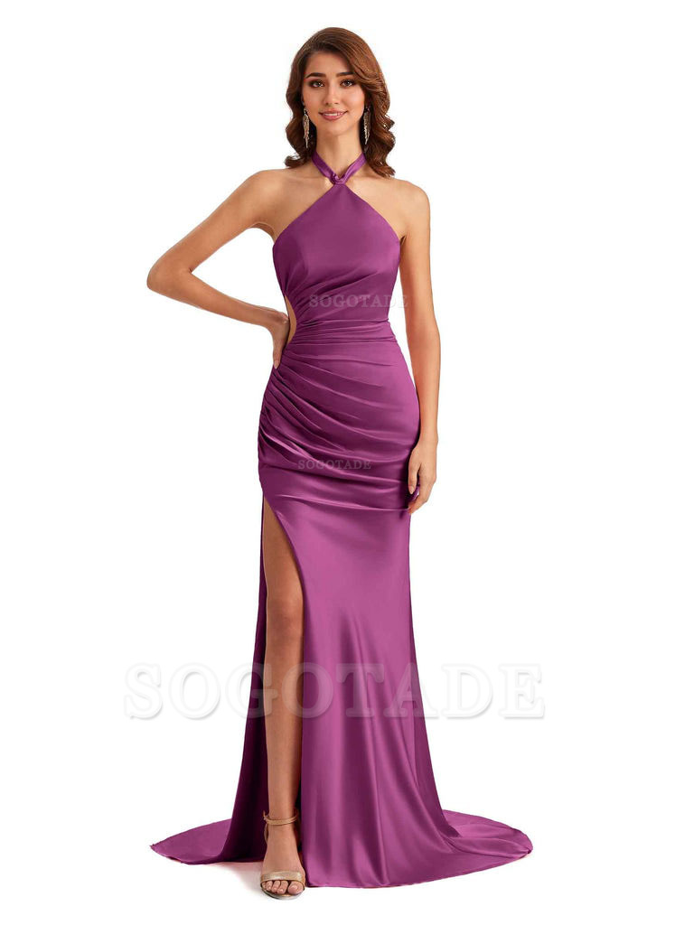 Sexy Halter Mermaid Silky Satin Unique Long Formal Wedding Guest Dresses