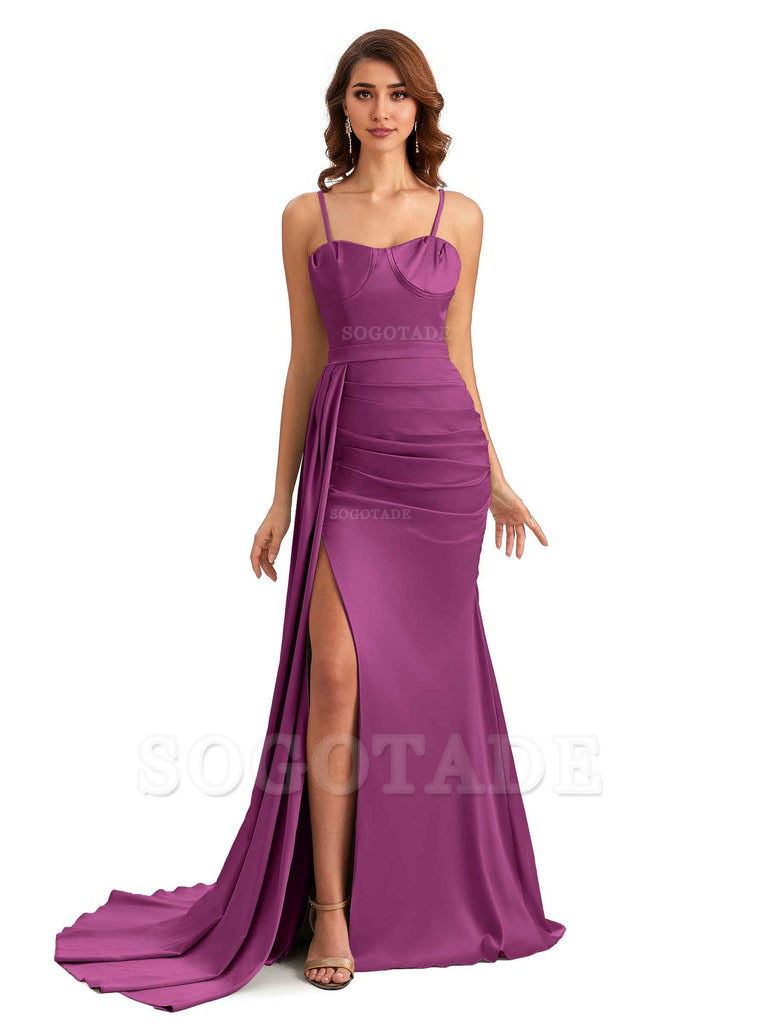 Sexy Spaghetti Straps Side Slit Mermaid Unique Long Bridesmaid Dresses In Satin