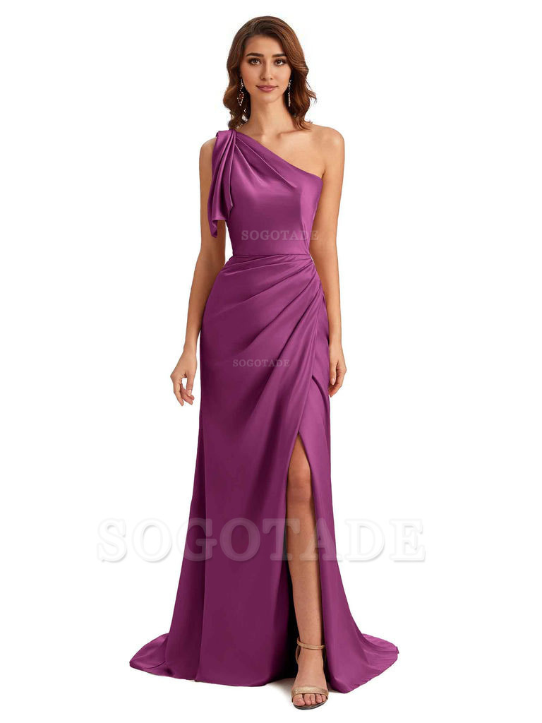 Sexy One Shoulder Mermaid Side Slit Unique Silky Satin Bridesmaid Dresses 