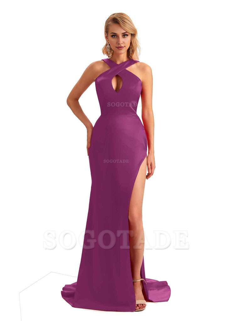 Sexy Side Slit Halter Mermaid Silky Satin Unique Long Formal Wedding Bridesmaid Dresses