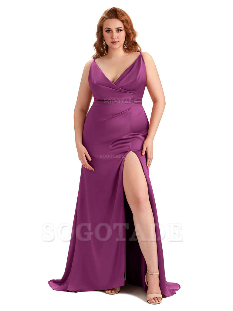 Sexy Side Slit Spaghetti Straps Mermaid Soft Satin Fashion Bridesmaid Dresses