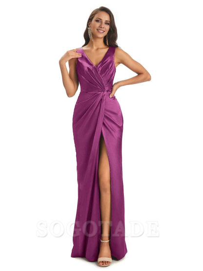 V-Neck Unique Long Satin Bridesmaid Dresses with Front Slit