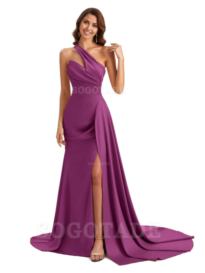 Mermaid One shoulder Satin formal dresses evening gown Bridesmaid Dresses With Side Slit 
