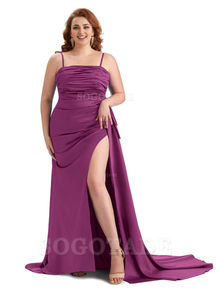 Sexy Side Slit Spaghetti Straps Mermaid Soft Satin Long Plus Size Bridesmaid Dresses Online