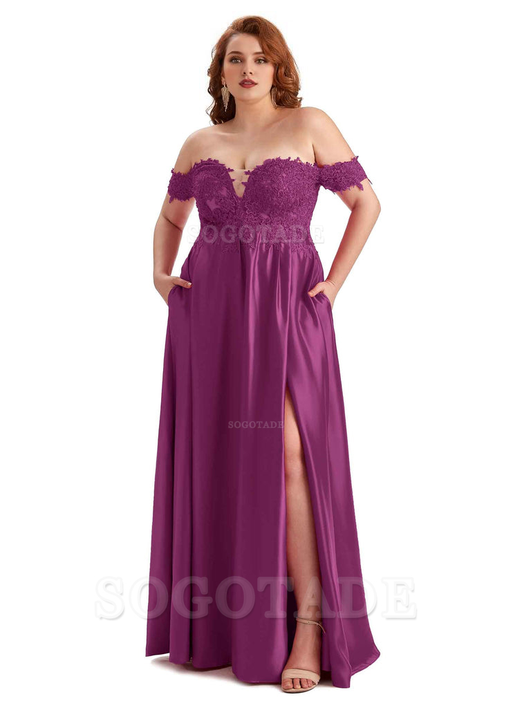 Off Shoulder Side Slit Mermaid Silky Satin Unique Long Formal Wedding Guest Dresses Online