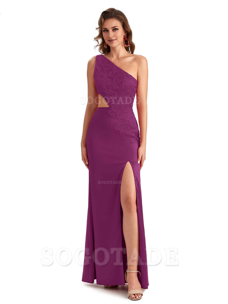 Sexy Side Slit Mermaid Lace Silky Satin One Shoulder Chic Long Bridesmaid Dresses