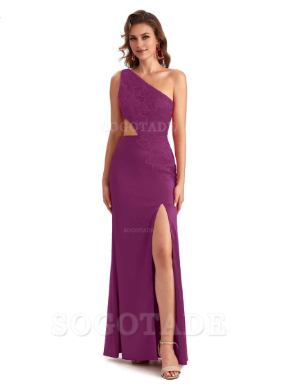 Sexy Side Slit Mermaid Lace Silky Satin One Shoulder Chic Long Bridesmaid Dresses