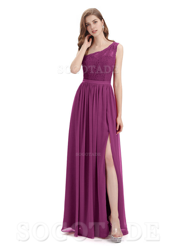 A-Line One Shoulder Top Lace Floor-Length Elegant Adoration Bridesmaid Dresses Formal Women's Dresses Wedding Guests Dresses