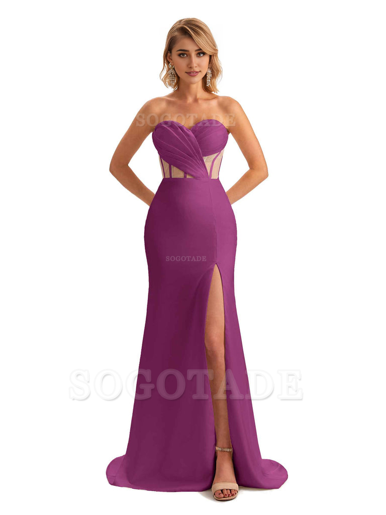Sexy Sweetheart Strapless Side Slit Mermaid Soft Satin Unique Long Bridesmaid Dress For Wedding