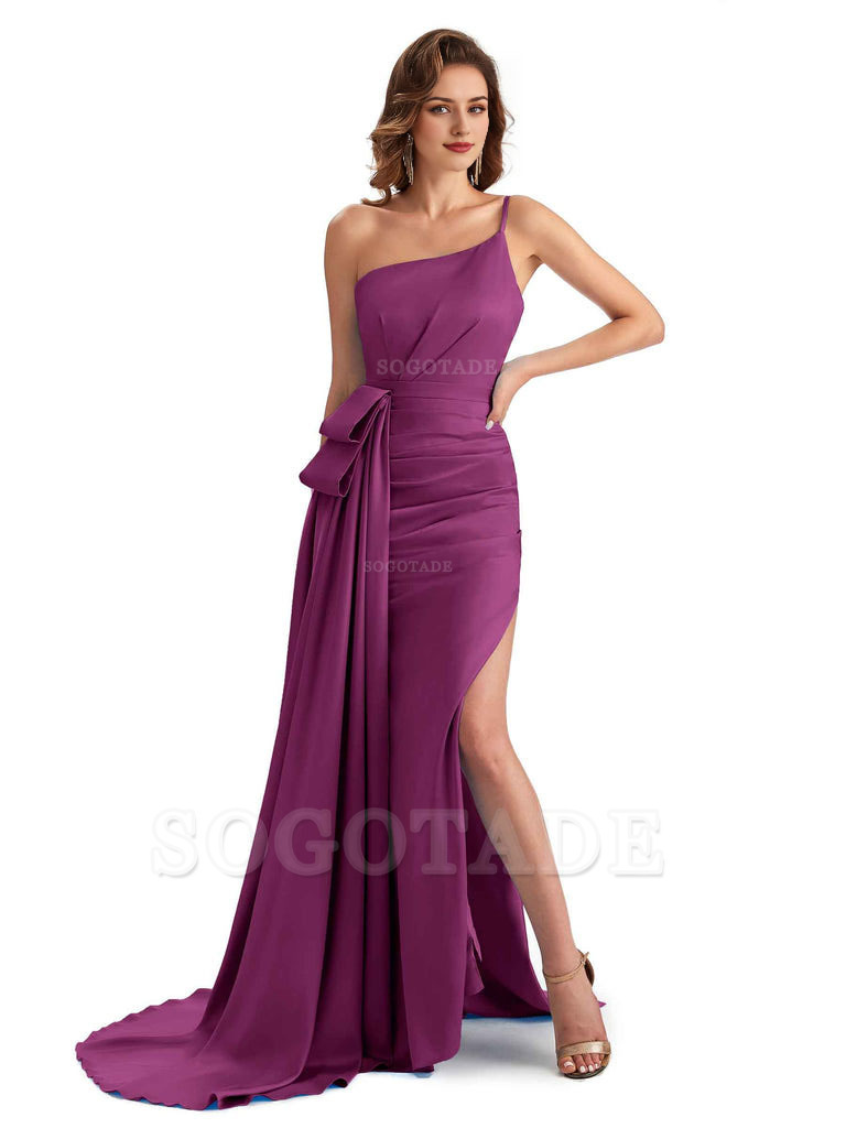 Sexy Side Slit Mermaid Silky Satin One Shoulder Modern Maxi Bridesmaid Dresses