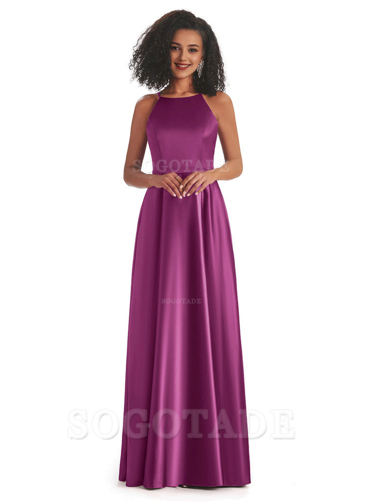 Soft Satin A-Line Halter Floor-Length Modern African Bridesmaid Dresses