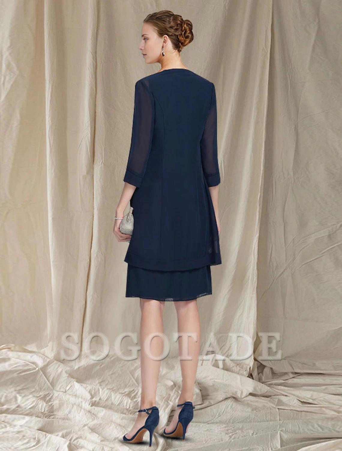 Two Piece Sheath / Column Mother of the Bride Dress Elegant Jewel Neck Knee Length Chiffon Sleeveless Jacket Dresses with Beading Sequin