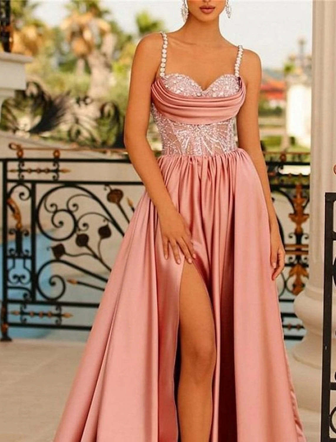 A-Line Evening Gown Backless Dress Formal Wedding Guest Sweep / Brush Train Sleeveless Spaghetti Strap Bridesmaid Dress Satin Backless with Ruched Sequin Slit 2024-SOGOTADE