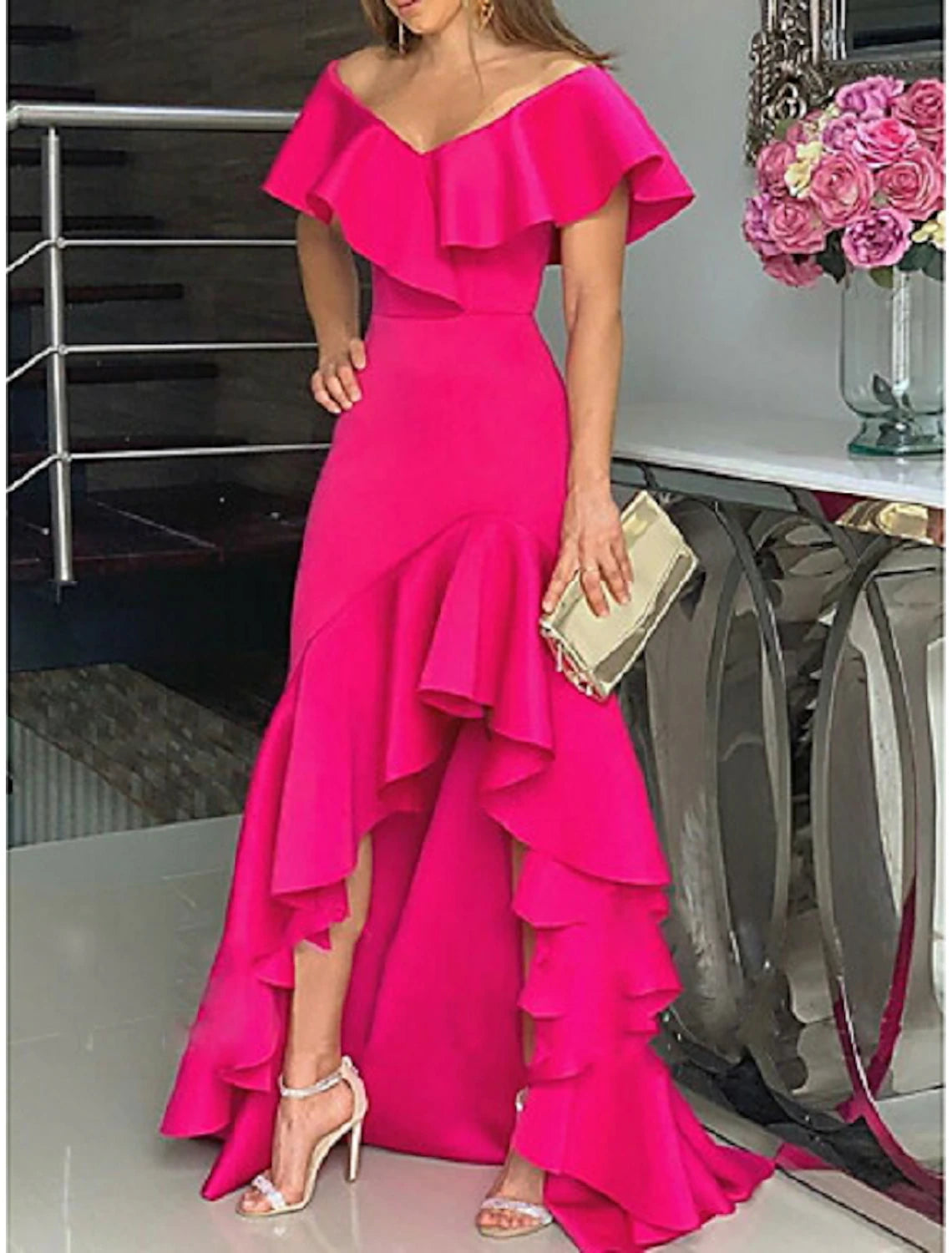 A-Line Evening Gown Minimalist Dress Wedding Guest Homecoming Asymmetrical Sleeveless Off Shoulder Stretch Satin with Ruffles Slit-SOGOTADE