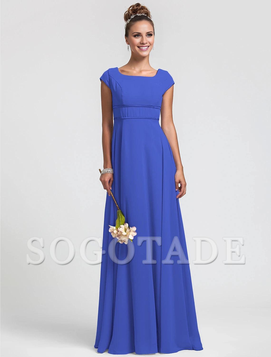 Sheath / Column Bridesmaid Dress Square Neck Short Sleeve Elegant Floor Length Chiffon with Sash / Ribbon / Pleats