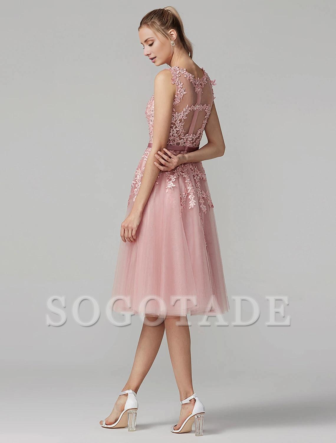 A-Line Cute Dress Cocktail Party Prom Knee Length Sleeveless Illusion Neck Tulle Over Lace with Beading Appliques-SOGOTADE