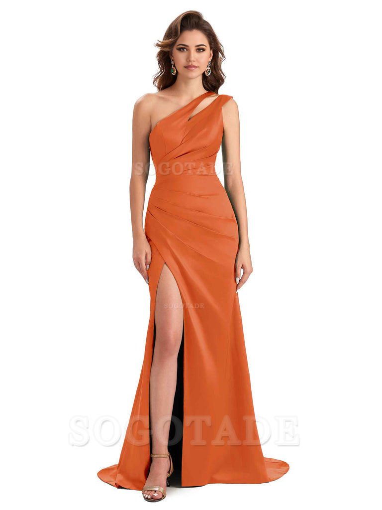 Mermaid One Shoulder Satin Sexy formal dresses evening gown Bridesmaid Dresses With Side Slit 