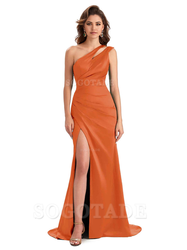 Mermaid One Shoulder Satin Sexy formal dresses evening gown Bridesmaid Dresses With Side Slit 