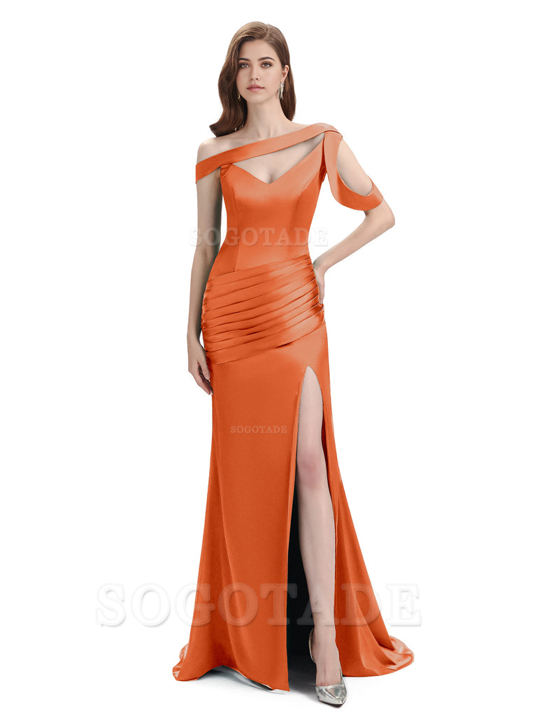 Mermaid V-Neck Satin Floor-Length formal dresses evening gown Bridesmaid Dresses With Side Slit 