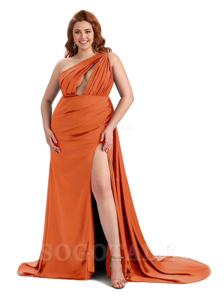 One Shoulder Sleeveless Sexy Side Slit Mermaid Soft Satin Long Plus Size Bridesmaid Dresses Online