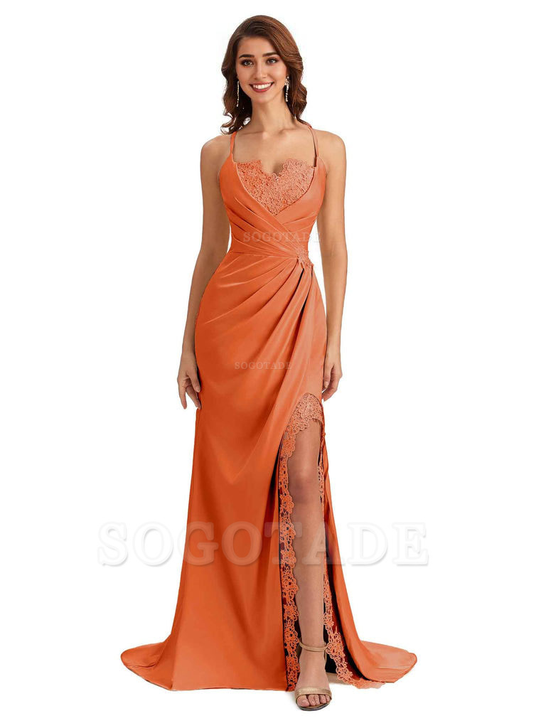 Sexy Side Slit Spaghetti Straps Lace Mermaid Silky Satin Wedding Guest Dresses