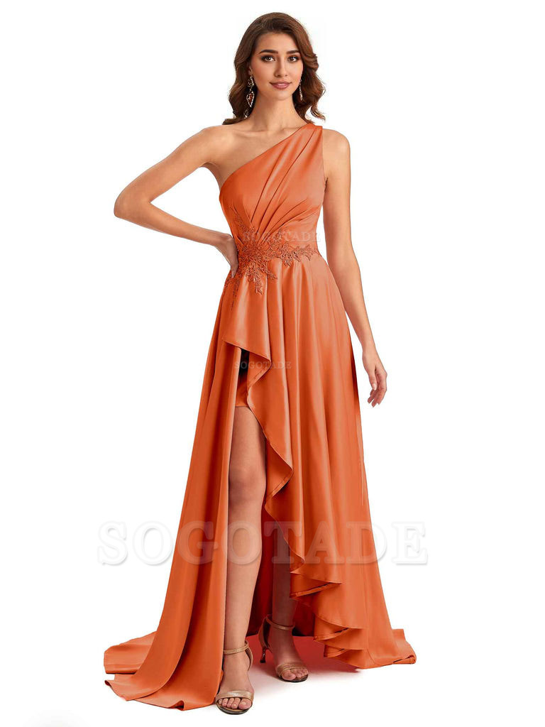 Sexy One Shoulder A-Line High Low Silky Satin Lace Long Formal Wedding Guest Dresses
