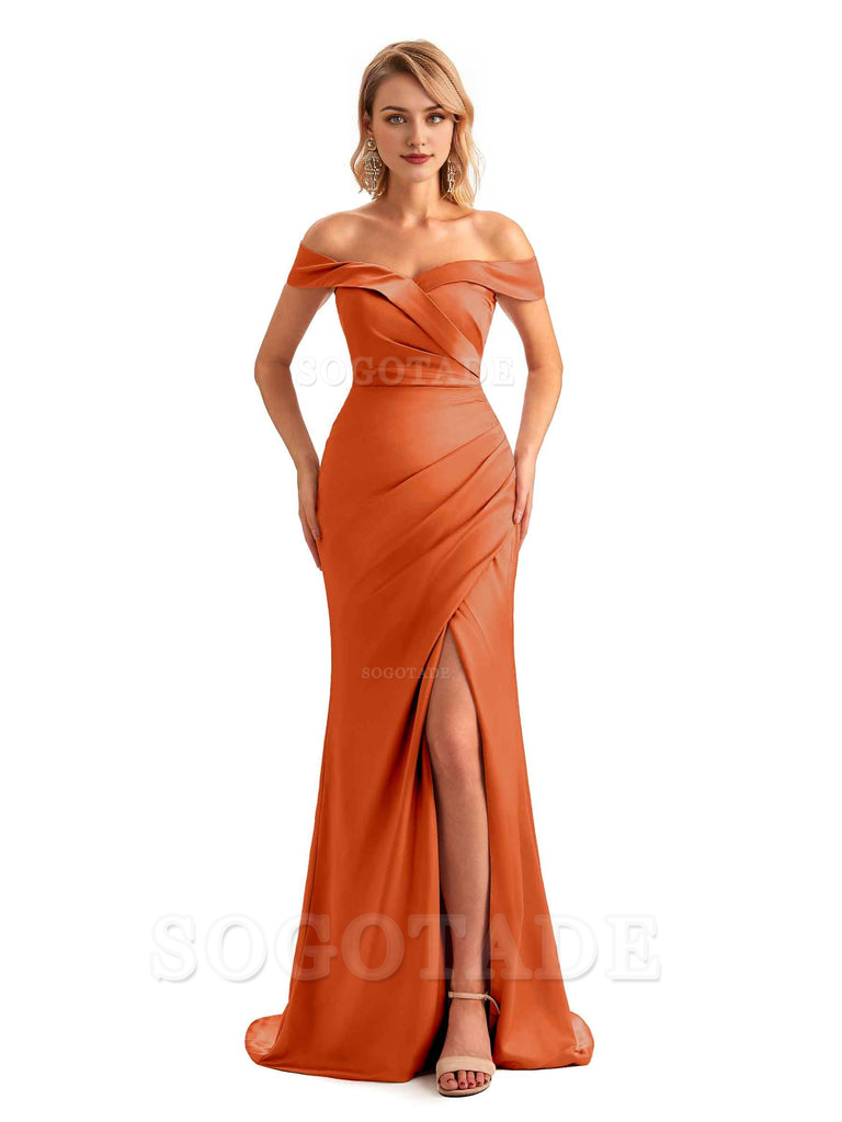 Off Shoulder Side Slit Mermaid Silky Satin Unique Long Formal Wedding Guest Dresses Online