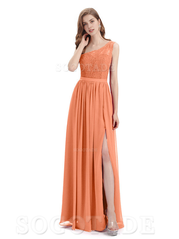 A-Line One Shoulder Top Lace Floor-Length Elegant Adoration Bridesmaid Dresses Formal Women's Dresses Wedding Guests Dresses