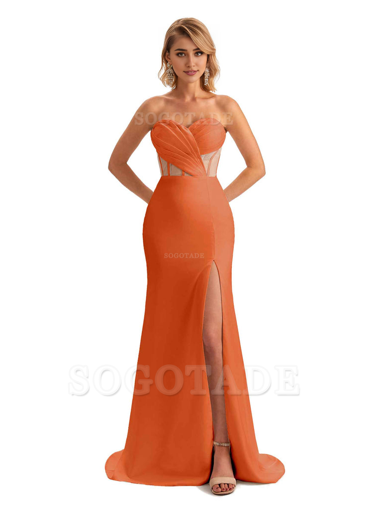 Sexy Sweetheart Strapless Side Slit Mermaid Soft Satin Unique Long Bridesmaid Dress For Wedding