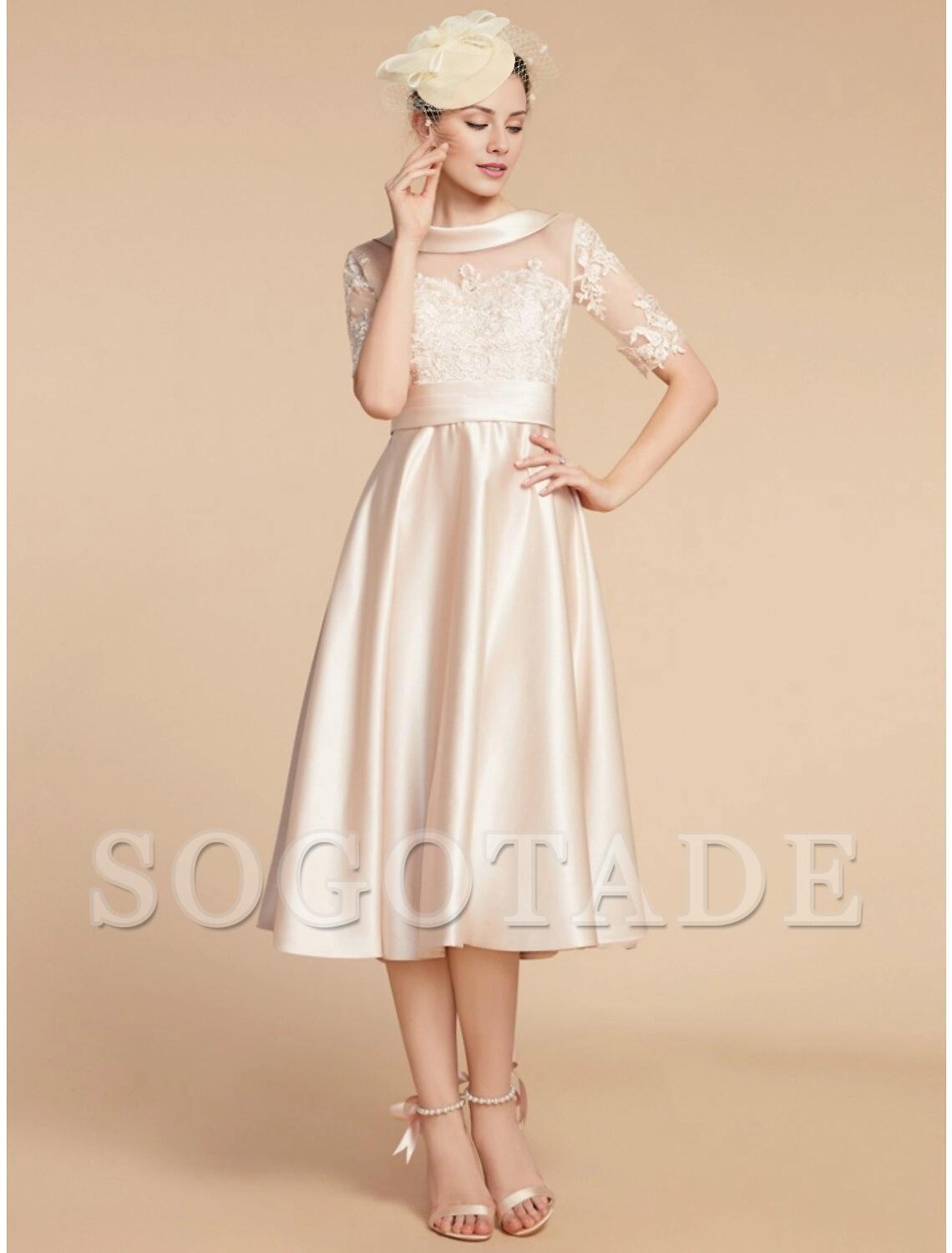 A-Line Mother of the Bride Dress Wedding Guest Elegant Petite Scoop Neck Knee Length Satin Lace Half Sleeve with Appliques Ruching Solid Color-SOGOTADE