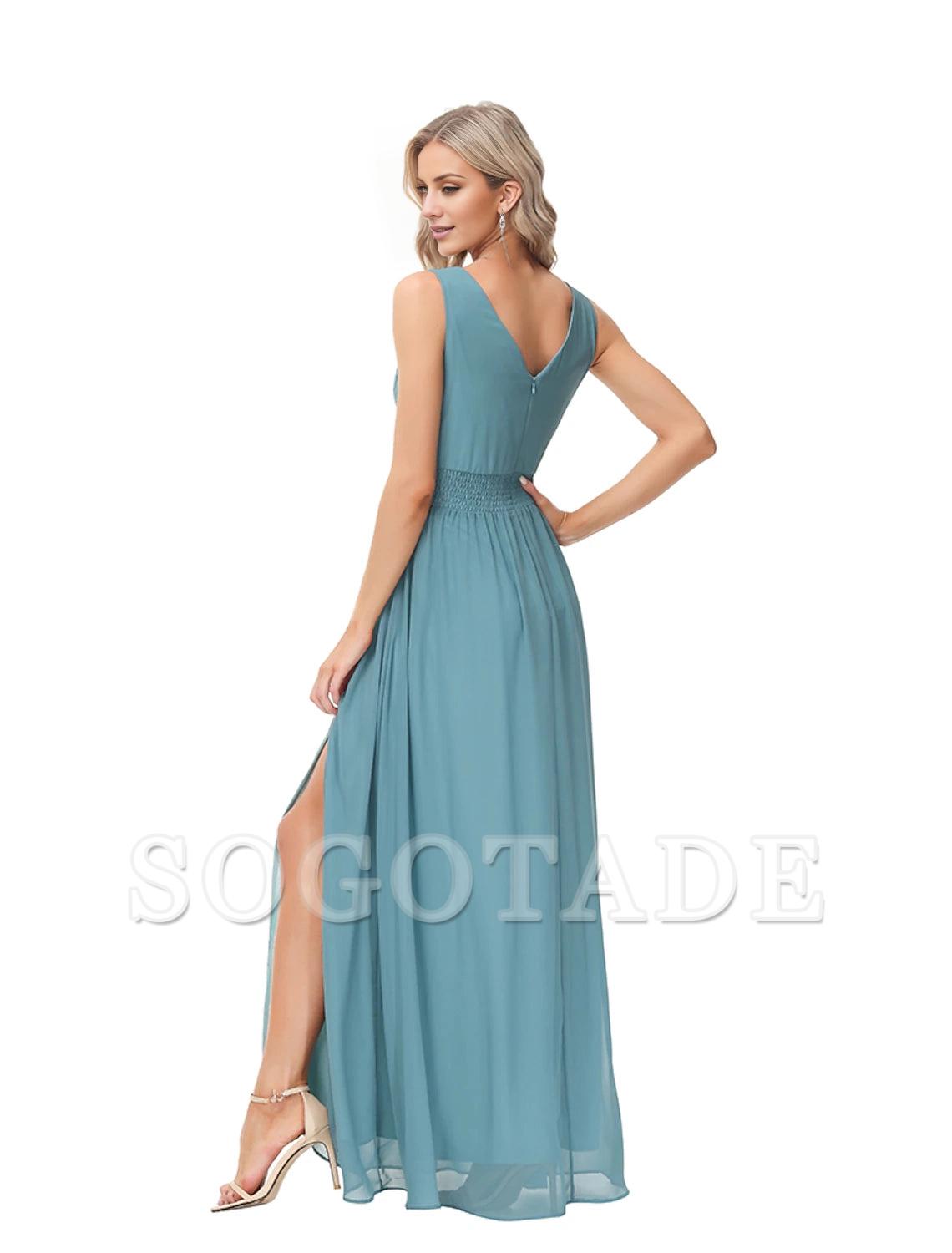 A-Line Evening Gown Elegant Dress Wedding Guest Party Wear Floor Length Sleeveless V Neck Bridesmaid Dress Chiffon V Back with Slit-SOGOTADE