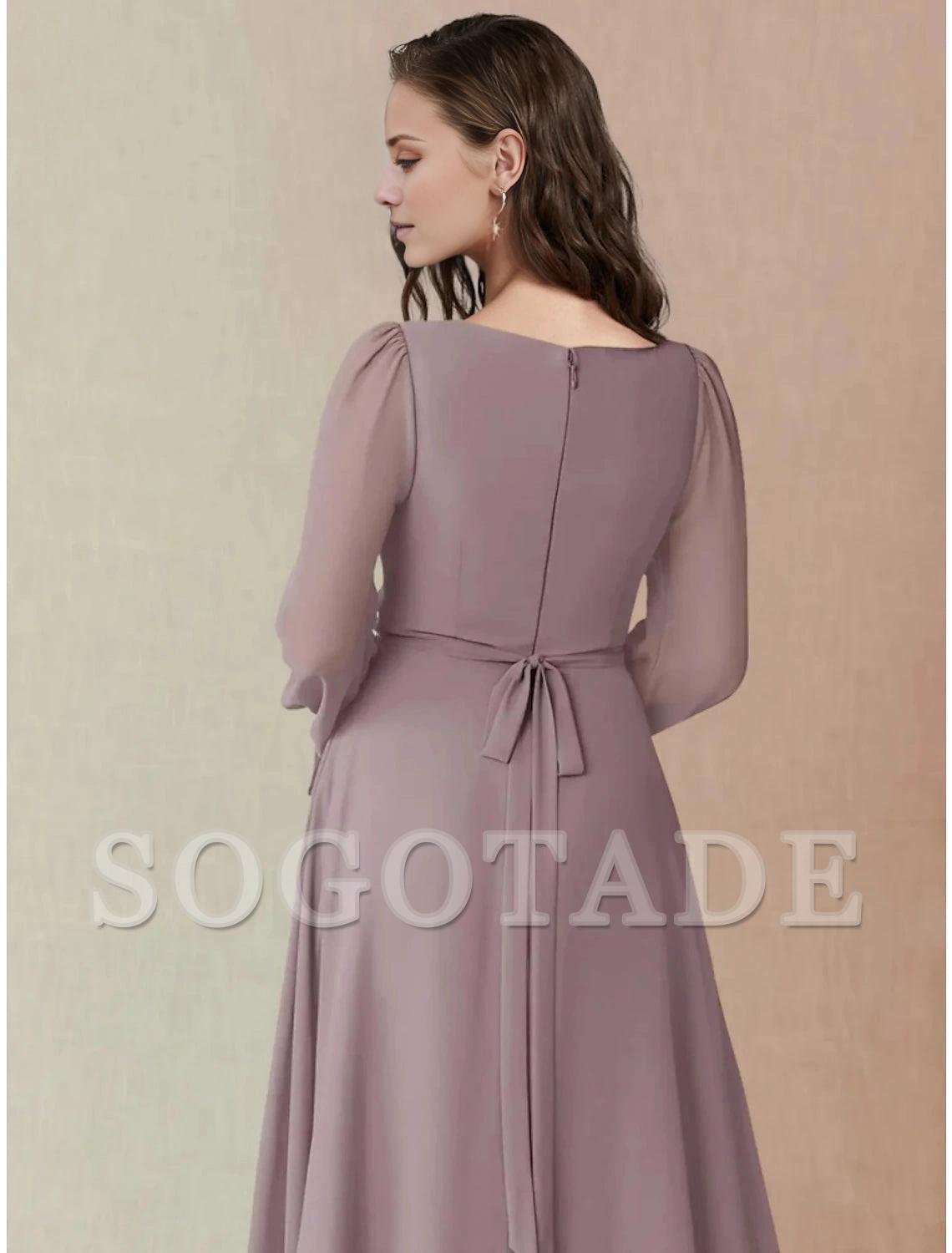 A-Line Bridesmaid Dress Square Neck Long Sleeve Elegant Floor Length Chiffon with Split Front / Ruching-SOGOTADE