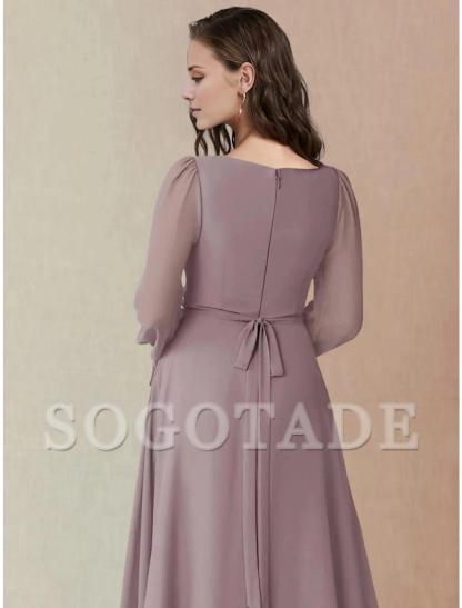 A-Line Bridesmaid Dress Square Neck Long Sleeve Elegant Floor Length Chiffon with Split Front / Ruching-SOGOTADE
