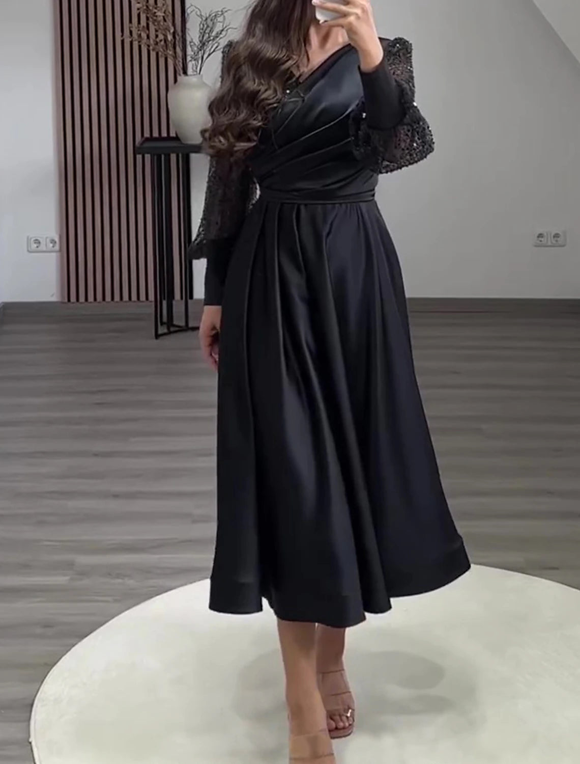 A-Line Cocktail Dresses Sparkle Black Dress Wedding Party Wear Tea Length Long Sleeve V Neck Charmeuse with Ruched Pearls Sequin 2024-SOGOTADE