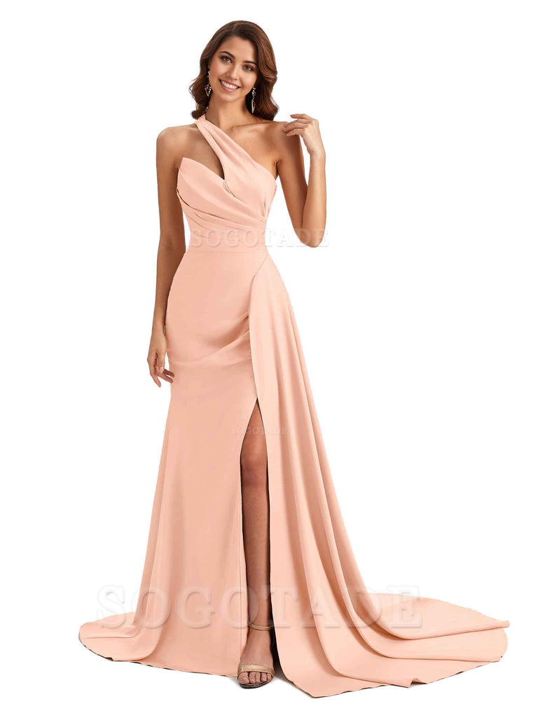 Mermaid One shoulder Satin formal dresses evening gown Bridesmaid Dresses With Side Slit 