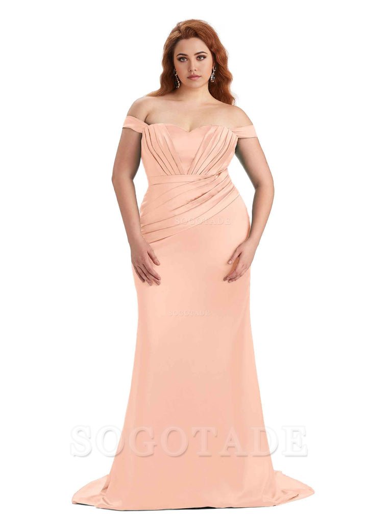 Sexy Mermaid Off The Shoulder Sweetheart Soft Satin Floor Length Long Plus Size Maid of Honor Dresses