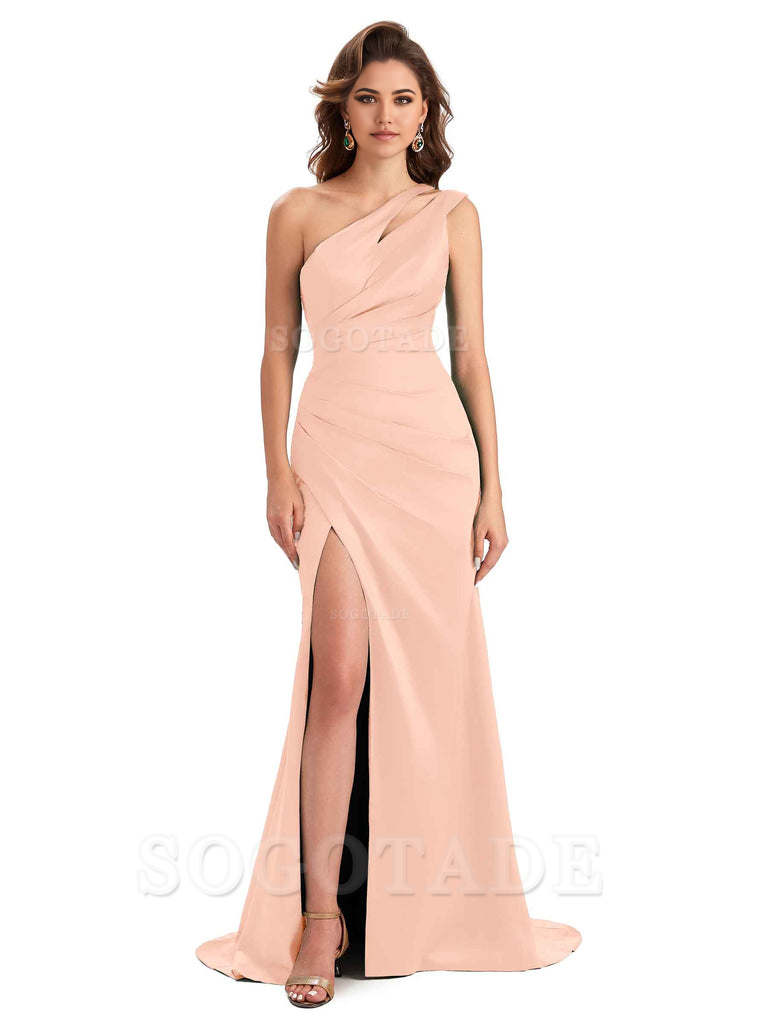 Mermaid One Shoulder Satin Sexy formal dresses evening gown Bridesmaid Dresses With Side Slit 