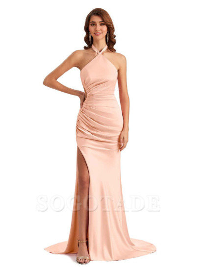 Sexy Halter Mermaid Silky Satin Unique Long Formal Wedding Guest Dresses