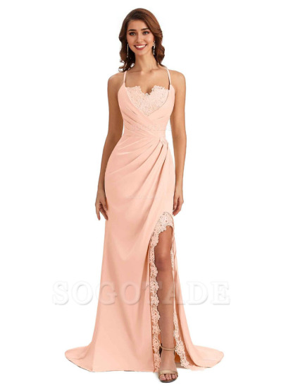 Sexy Side Slit Spaghetti Straps Lace Mermaid Silky Satin Wedding Guest Dresses