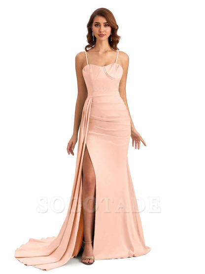 Sexy Spaghetti Straps Side Slit Mermaid Unique Long Bridesmaid Dresses In Satin