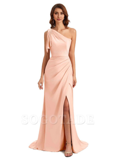 Sexy One Shoulder Mermaid Side Slit Unique Silky Satin Bridesmaid Dresses 