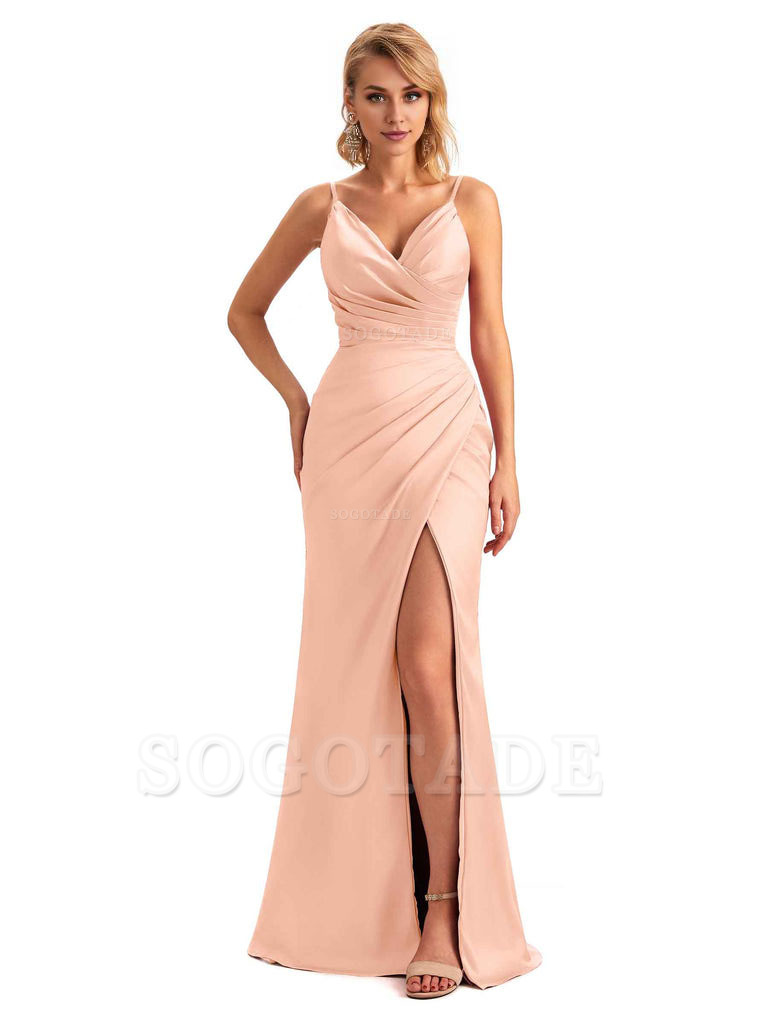 Sexy Side Slit V-Neck Mermaid Silky Satin Unique Long Formal Ladies Bridesmaid Dresses