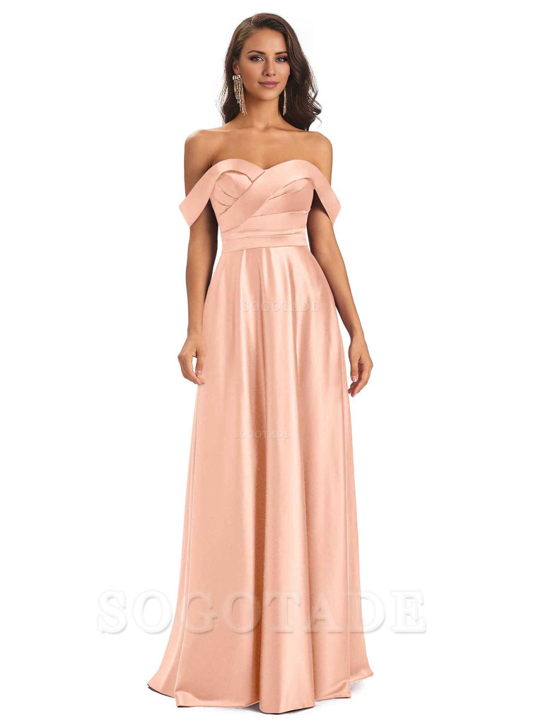 Sexy Soft Satin Off The Shoulder A-Line Long Bridesmaid Dresses Elegant Evening Party Dress