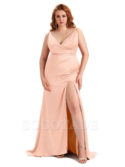 Sexy Side Slit Spaghetti Straps Mermaid Soft Satin Fashion Bridesmaid Dresses