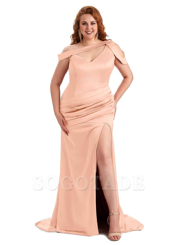 Sexy V-Neck Side Slit Unique Mermaid Soft Satin Long Plus Size Bridesmaid Dress For Wedding
