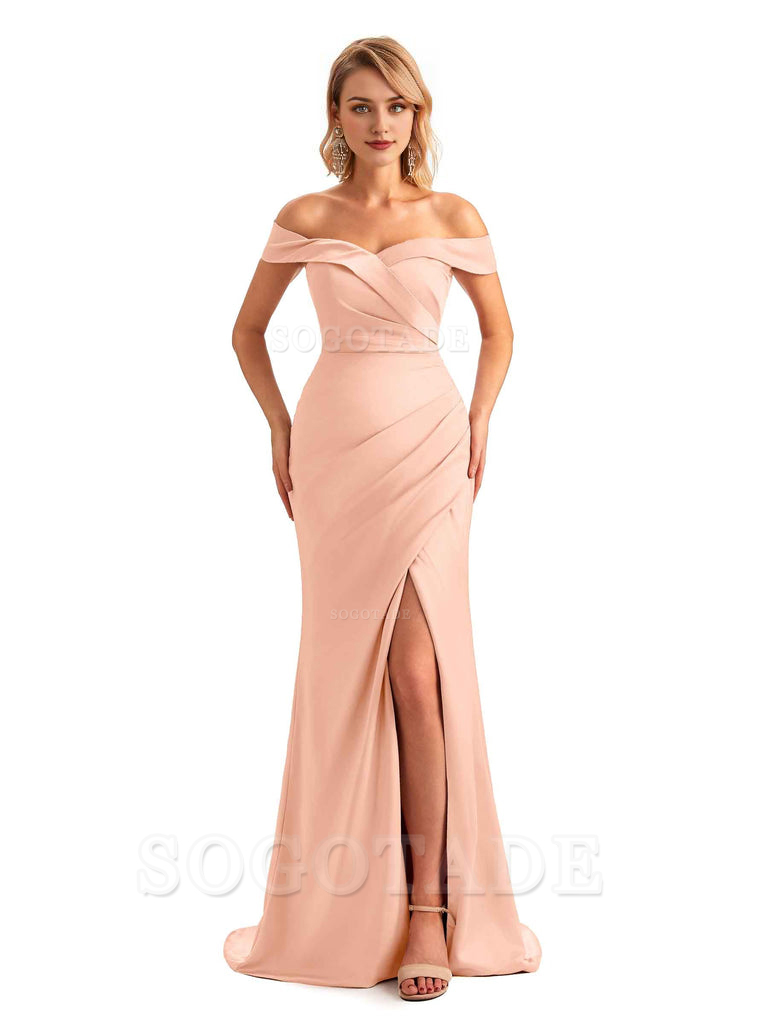Off Shoulder Side Slit Mermaid Silky Satin Unique Long Formal Wedding Guest Dresses Online