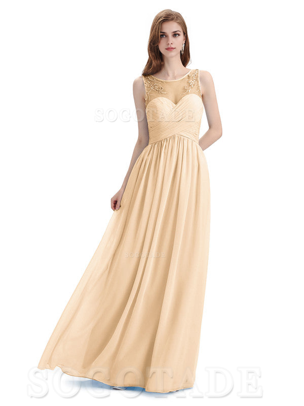 Elegant A-Line Chiffon Sleeveless Ruched Long Simple Bridesmaid Dresses Formal Women's Dresses Wedding Guests Dresses