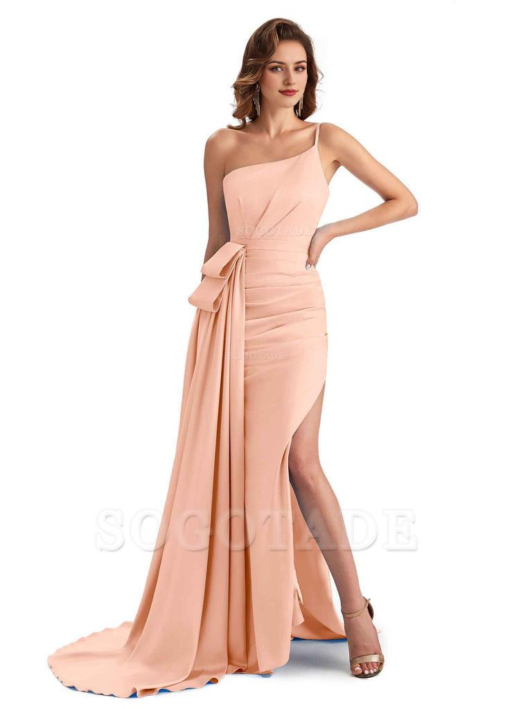 Sexy Side Slit Mermaid Silky Satin One Shoulder Modern Maxi Bridesmaid Dresses