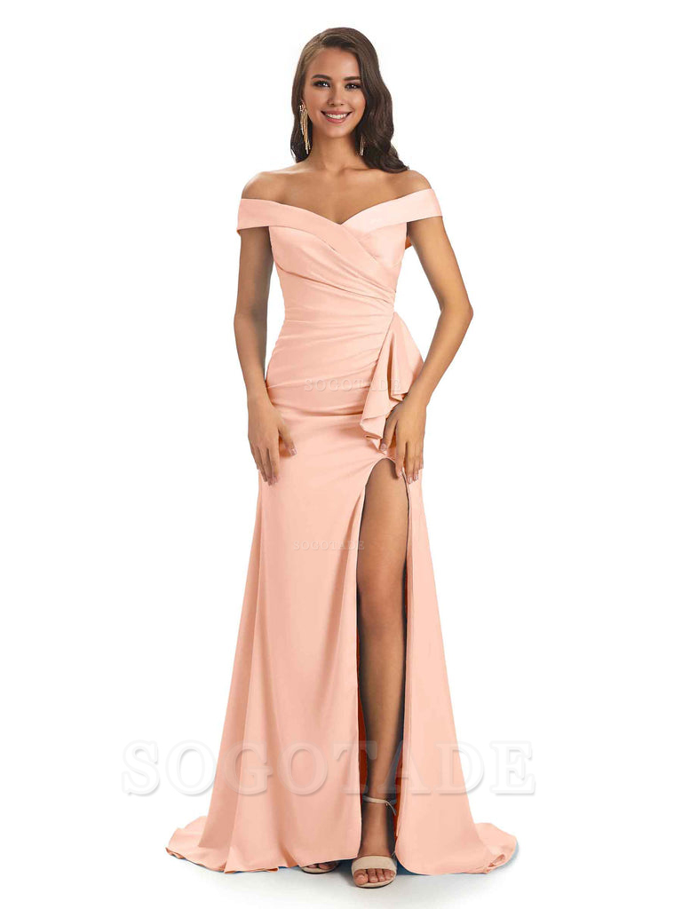 Sexy Soft Satin Side Slit Off The Shoulder Maxi Long Mermaid Bridesmaid Dresses prom shop dresses